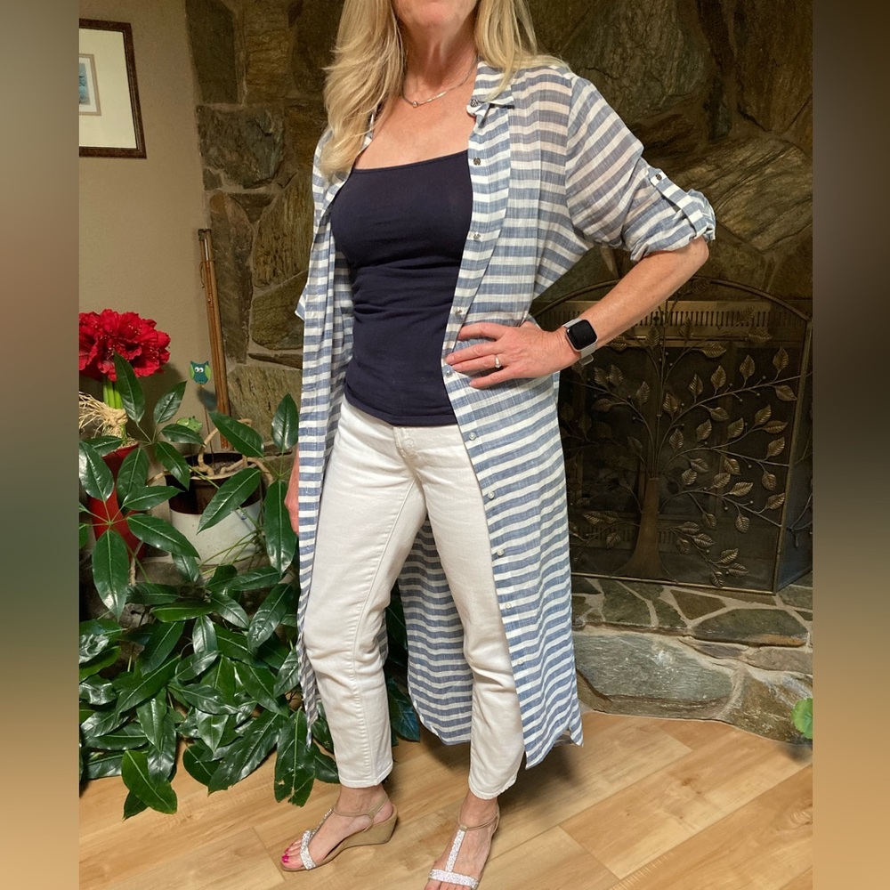 Chico’s Blue and White Striped Maxi Tunic